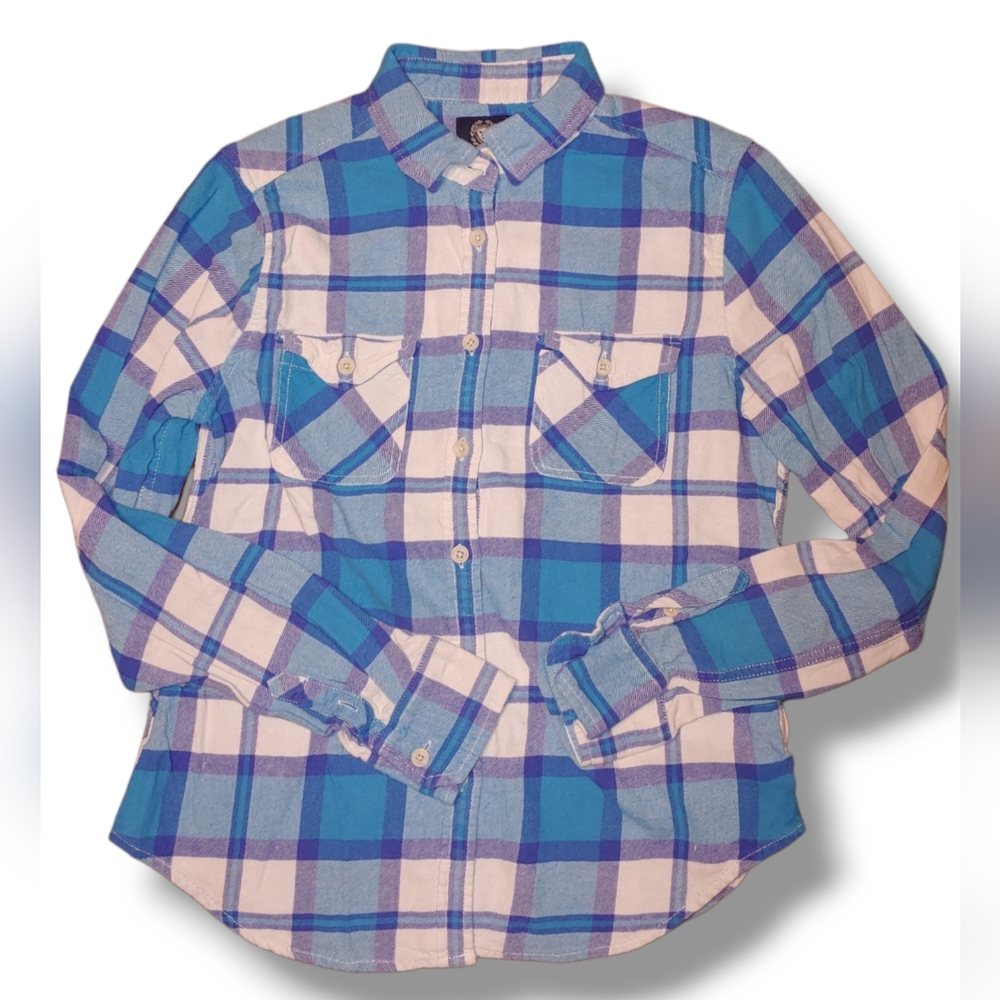 American Eagle Blue and White Flannel Button Down Shirt, Size Small